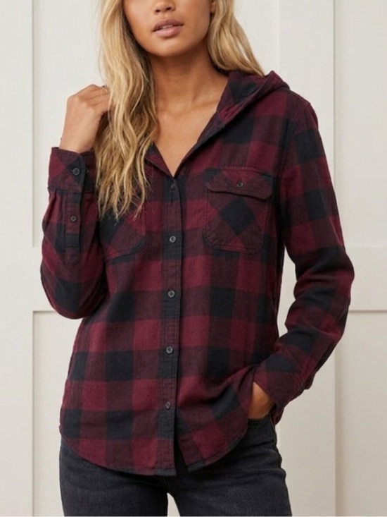 TNA Tops - TNA by Aritzia Women's Plaid Hooded Flannel Boyfriend Fit Shirt M 8263